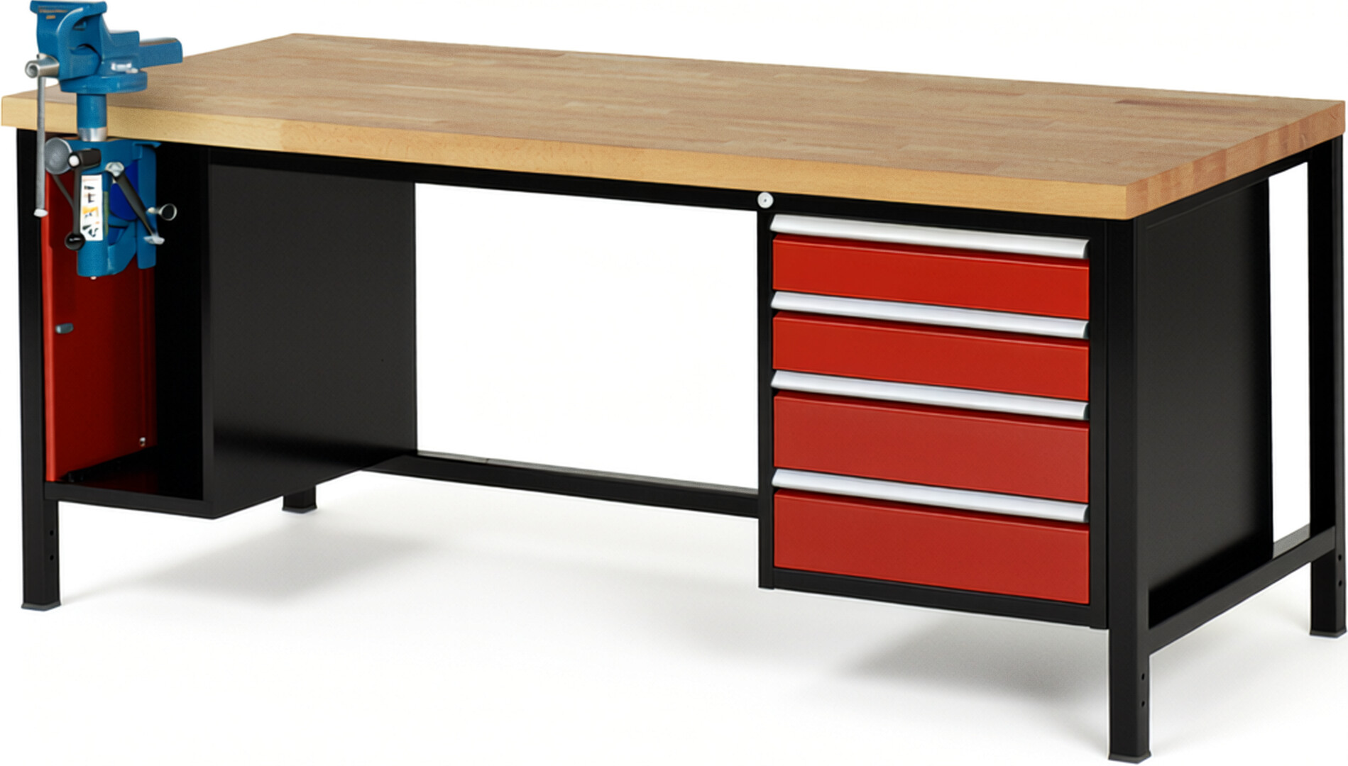 Werkbank Modell 8185 schwarz-rot, BxTxH 2000x900x840-1040 mm,  Buche-Massiv Arbeitsplatte 40 mm,  4 Schubladen mit  Vollauszug 100 % und  SoftClosing