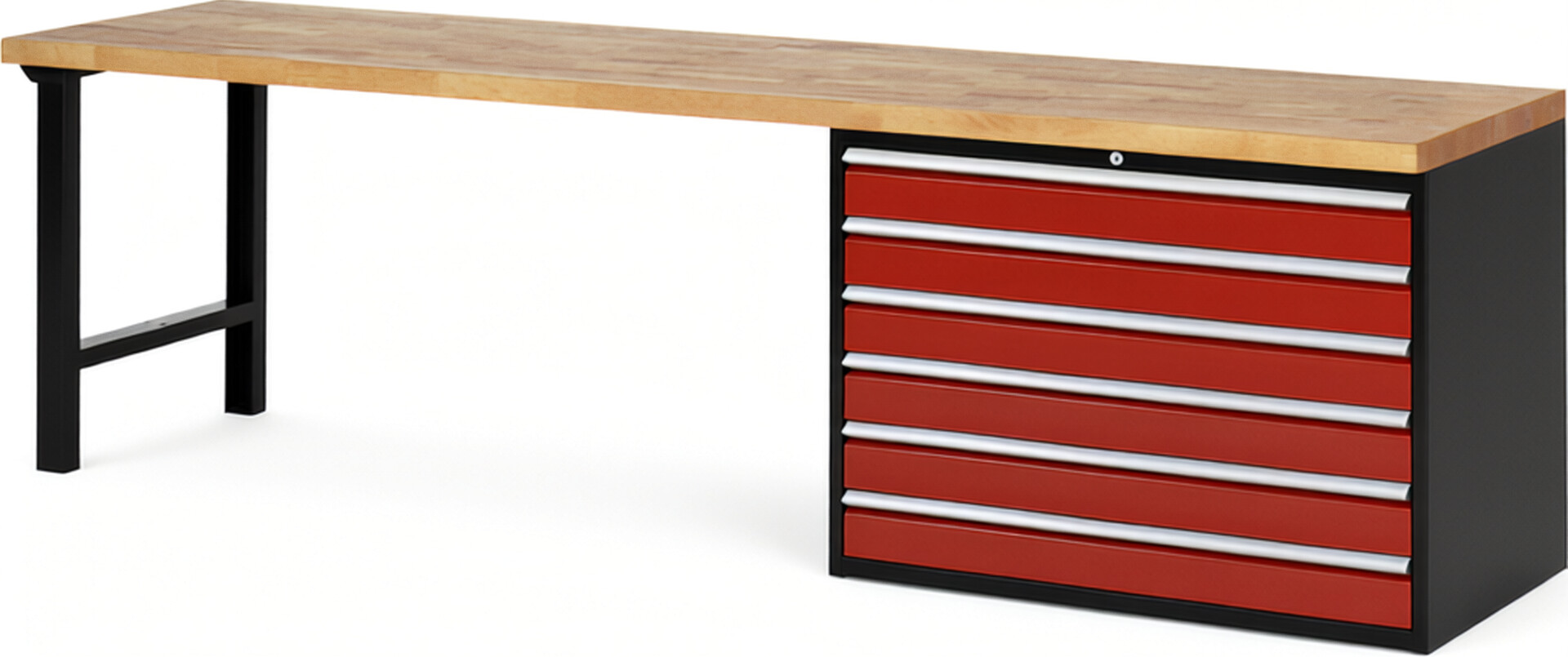 RAU Werkbank schwarz - rot - Breite 300 cm - Tiefe 70 cm - Höhe 89 cm - Buche-Massiv Arbeitsplatte 40 mm