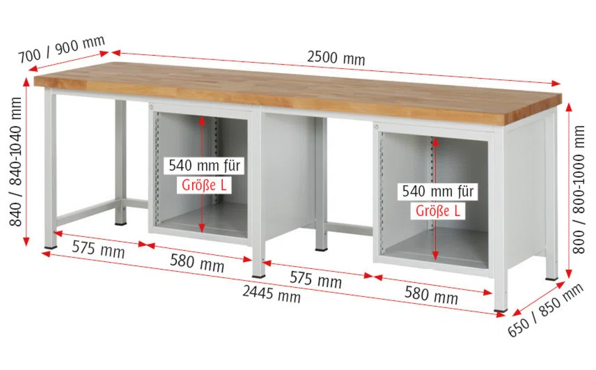 Werkbank Modell 8161 schwarz, BxTxH 2500x700x840-1040 mm,  Buche-Massiv Arbeitsplatte 40 mm,  8 Schubladen mit  Auszug 90 %