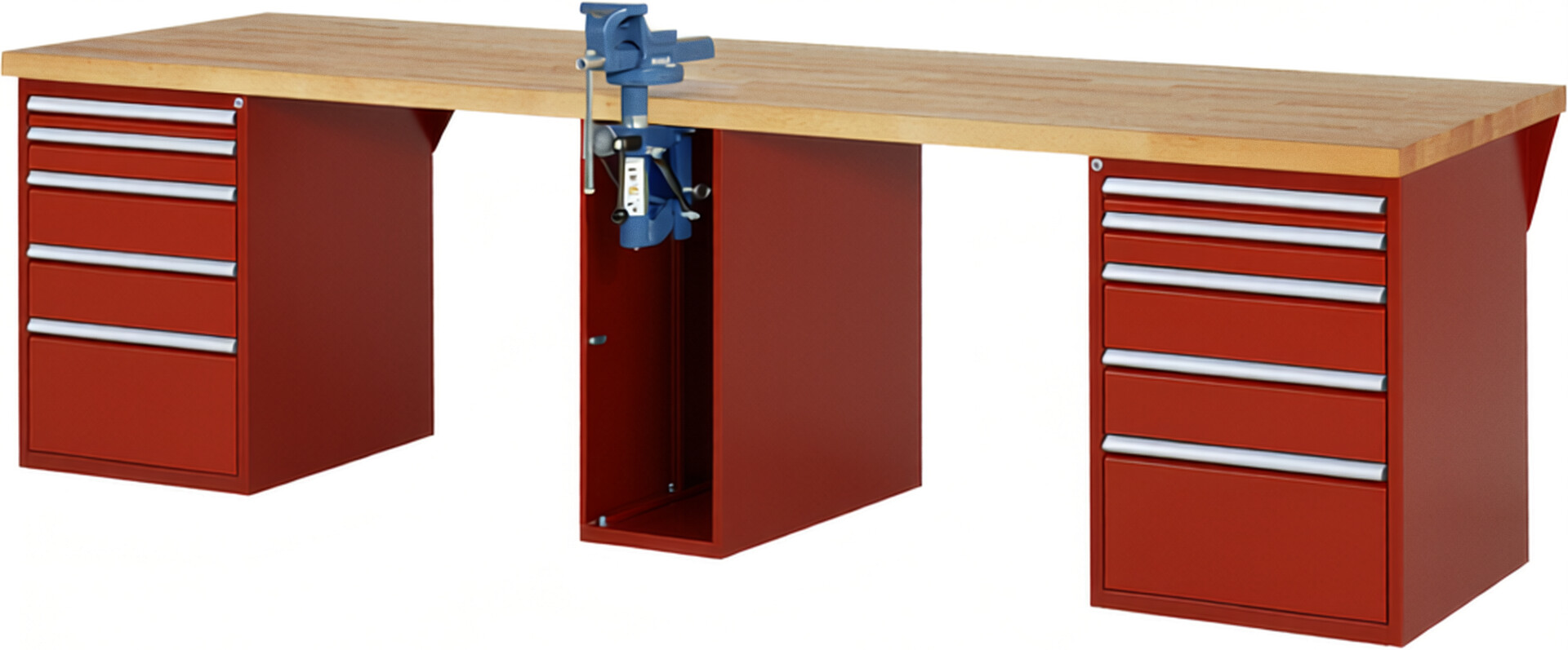 Werkbank Modell 7511 rot, BxTxH 3000x900x840 mm,  Buche-Massiv Arbeitsplatte 40 mm,  10 Schubladen mit  Vollauszug 100 % und  SoftClosing