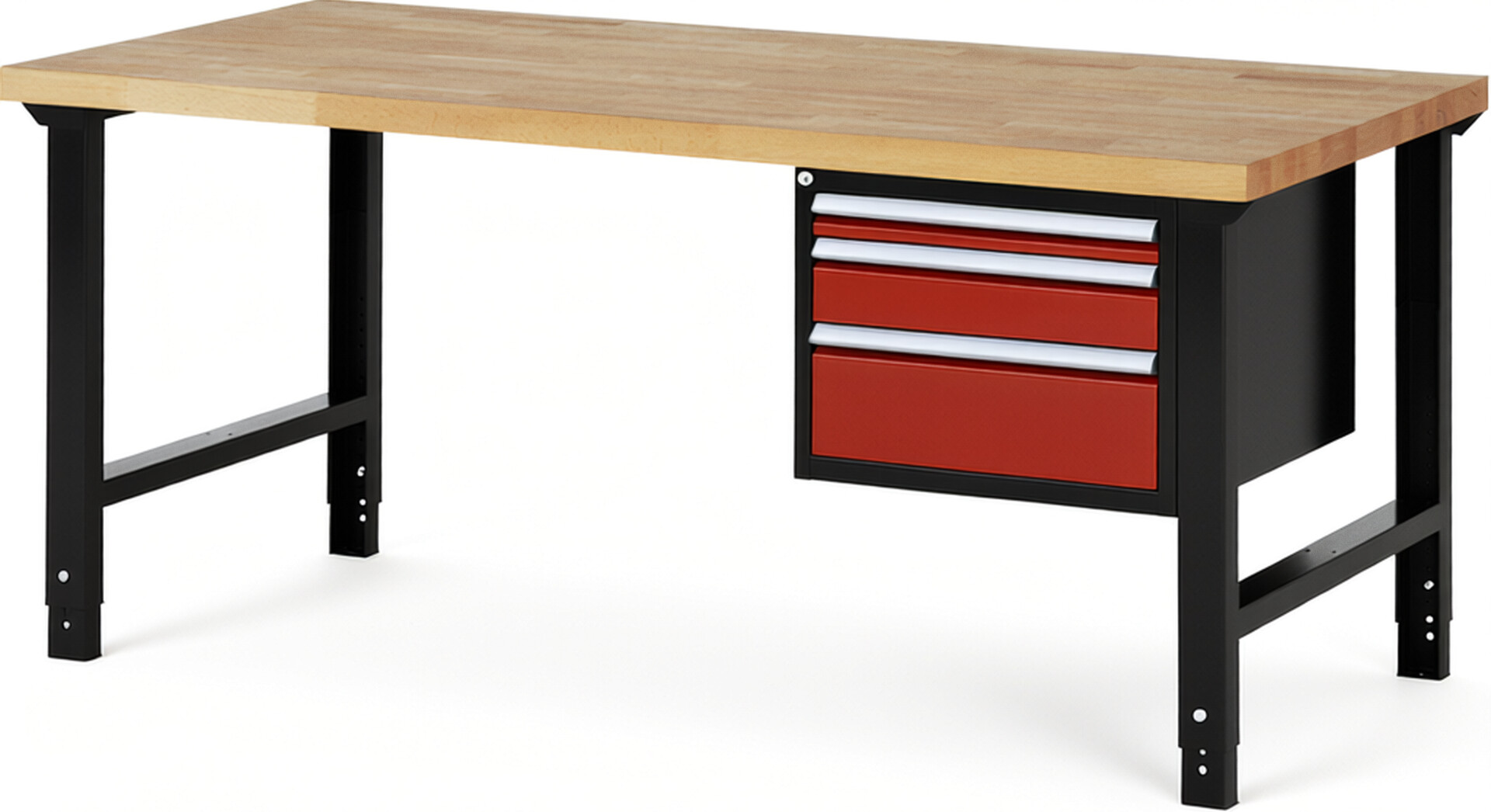 RAU Werkbank schwarz - rot - Breite 200 cm - Tiefe 90 cm - Höhe 114 cm - Buche-Massiv Arbeitsplatte 40 mm