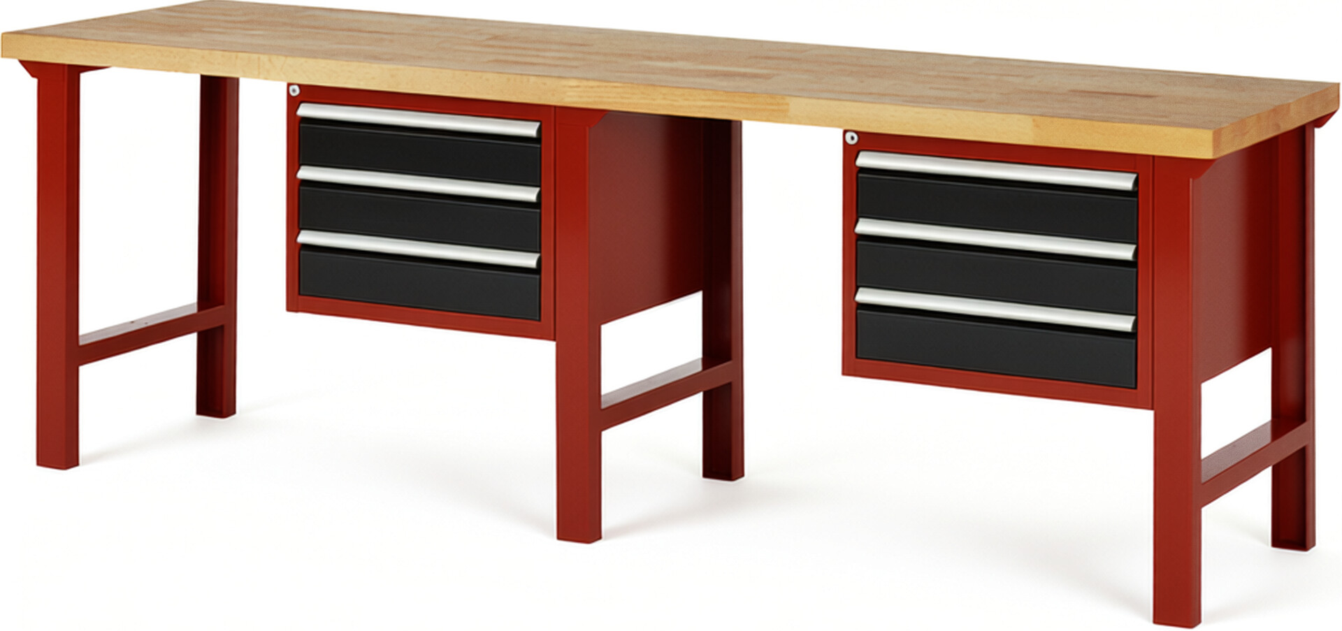 RAU Werkbank rot - schwarz - Breite 250 cm - Tiefe 70 cm - Höhe 84 cm - Buche-Massiv Arbeitsplatte 40 mm