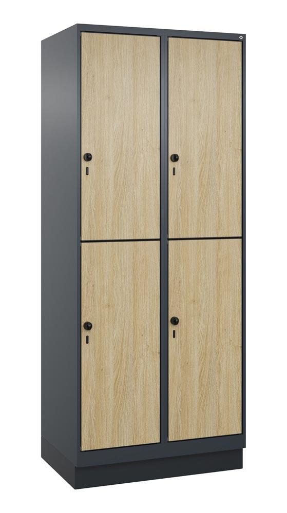 Doppelstock-Spind, Sockel, 2x2 Fächer, Abt.B 400 mm, BxTxH 800x500x1950 mm, HPL-Dekorfront, RAL 7016/Dekor Eiche Sereno
