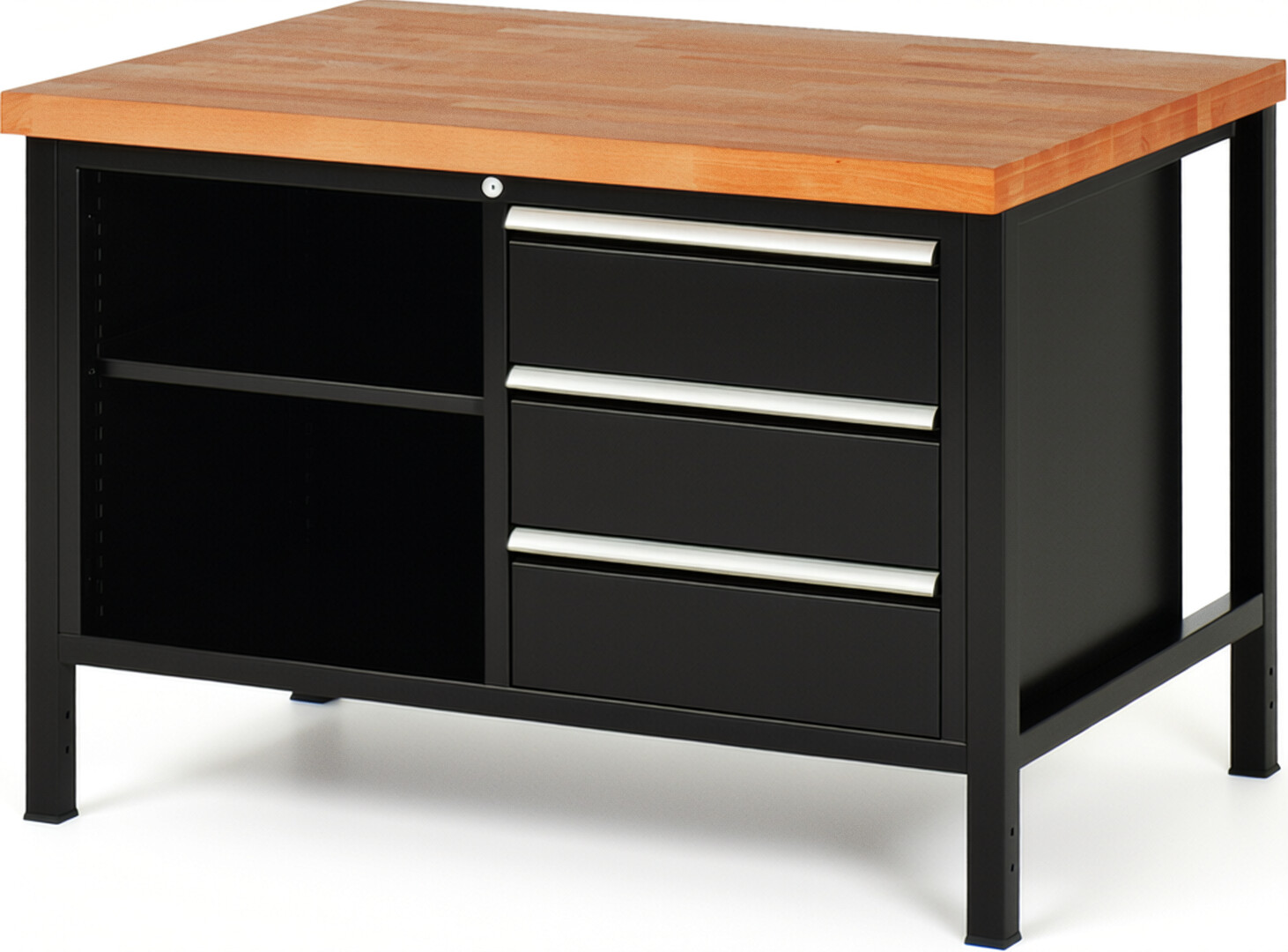 Werkbank Modell 8462 schwarz, BxTxH 1250x900x840 mm,  Buche-Massiv Arbeitsplatte 40 mm,  3 Schubladen mit  Vollauszug 100 % und  SoftClosing