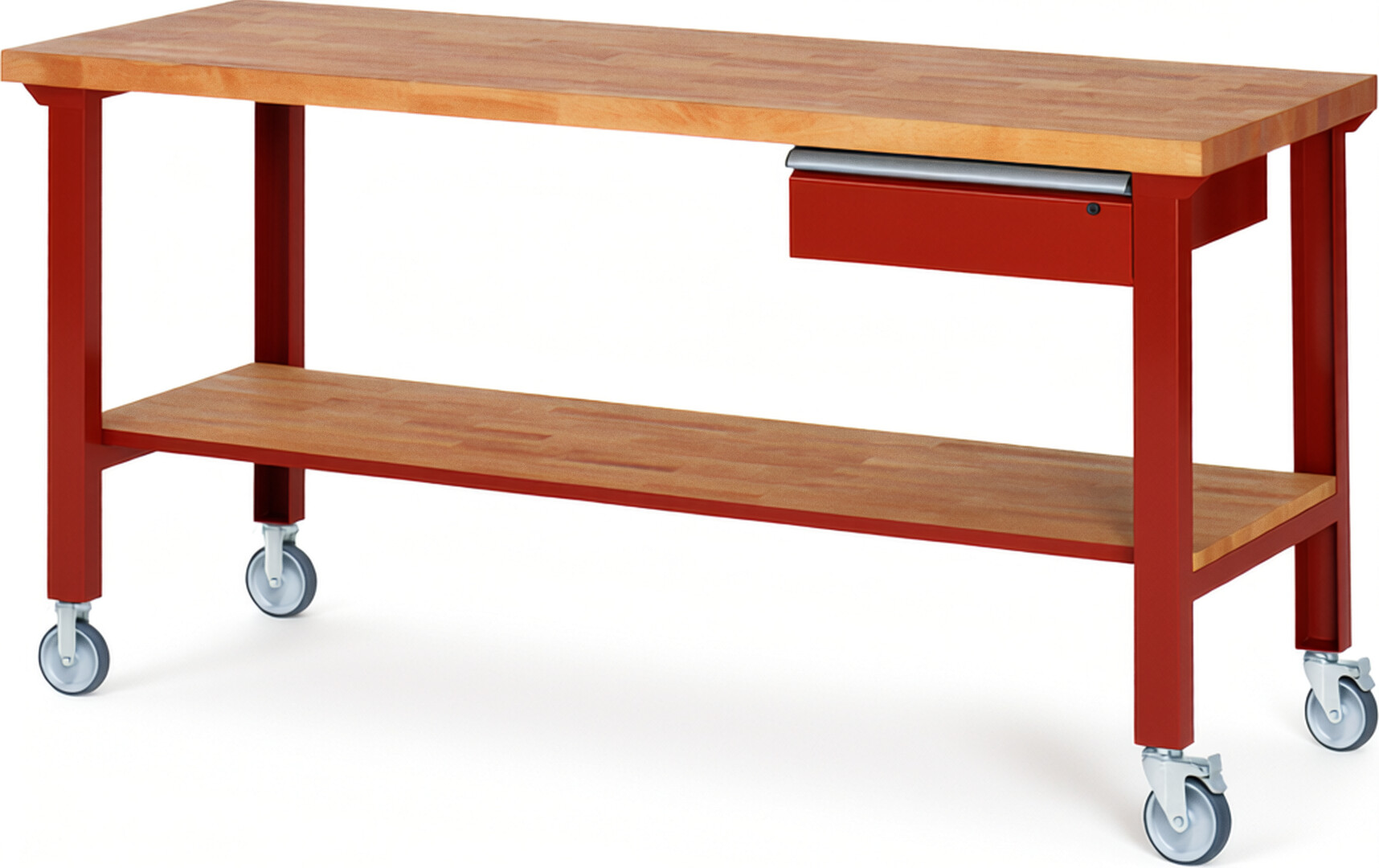 Fahrbare Werkbank Modell 7001 rot, BxTxH 2000x700x1000 mm,  Buche-Massiv Arbeitsplatte 40 mm,  1 Schublade mit  Auszug 90 %