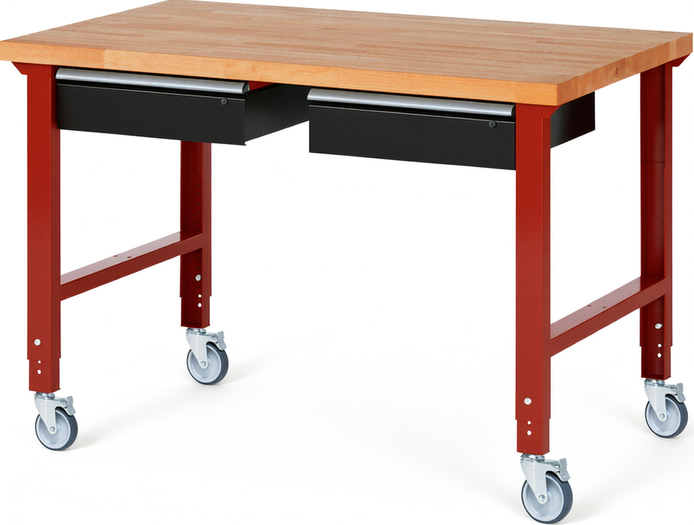 RAU Werkbank rot - schwarz - Breite 150 cm - Tiefe 90 cm - Höhe 100 cm - Buche-Massiv Arbeitsplatte 40 mm