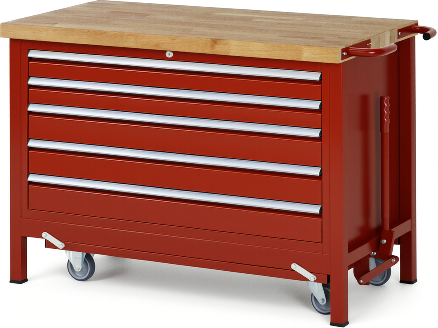Absenkbare Werkbank Modell 8371 rot, BxTxH 1250x700x880 mm,  Buche-Massiv Arbeitsplatte 40 mm,  5 Schubladen mit  Vollauszug 100 % und  SoftClosing
