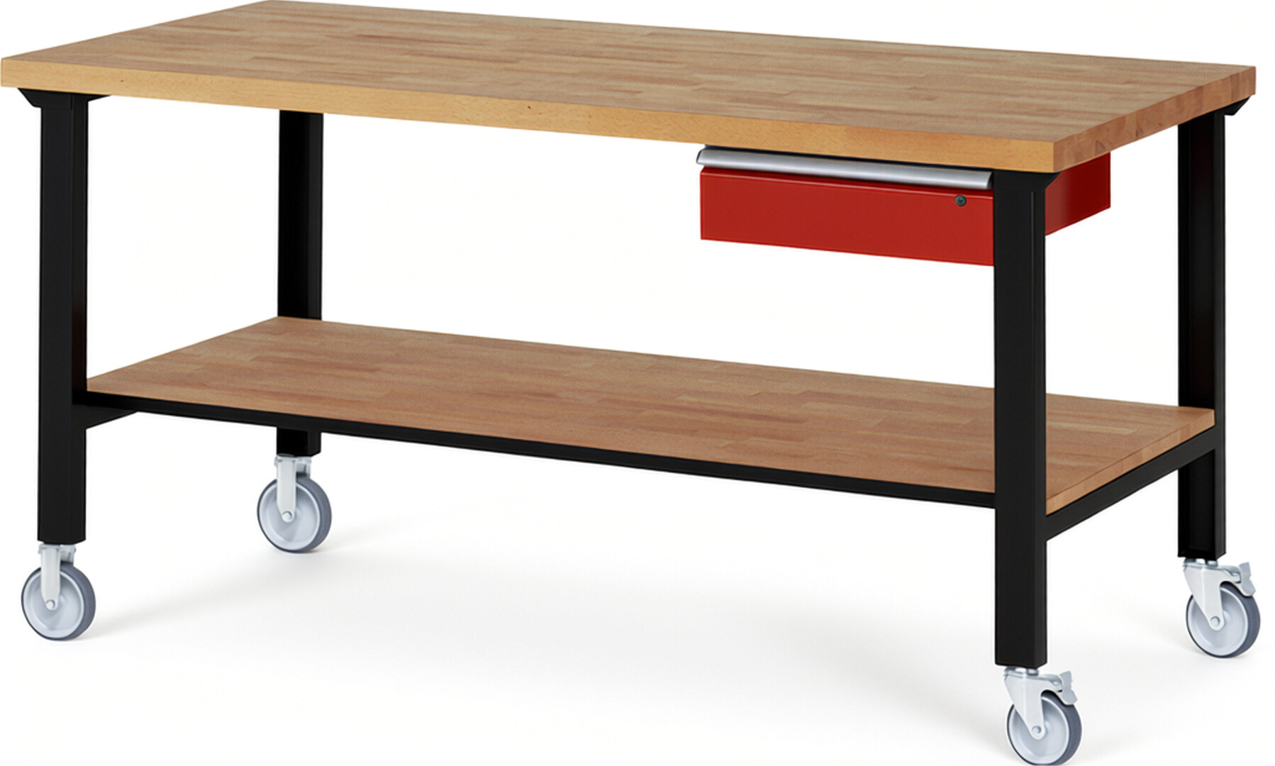 Fahrbare Werkbank Modell 7001 schwarz-rot, BxTxH 2000x900x1000 mm,  Buche-Massiv Arbeitsplatte 40 mm,  1 Schublade mit  Auszug 90 %
