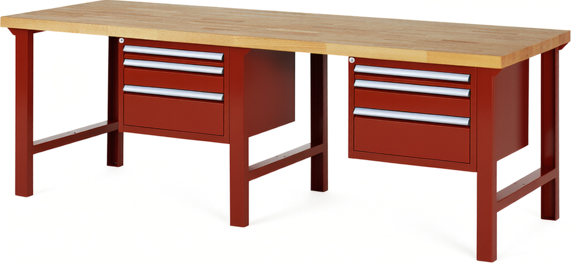 RAU Werkbank rot - Breite 250 cm - Tiefe 90 cm - Höhe 84 cm - Buche-Massiv Arbeitsplatte 40 mm