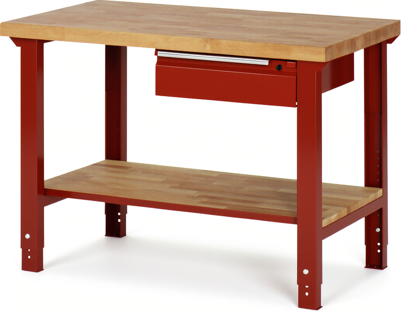 Werkbank - Modell 7001 BASIC rot, BxTxH 1250x700x790-1140 mm,  Buche-Massiv Arbeitsplatte 40 mm,  1 Schublade mit  Auszug 90 %