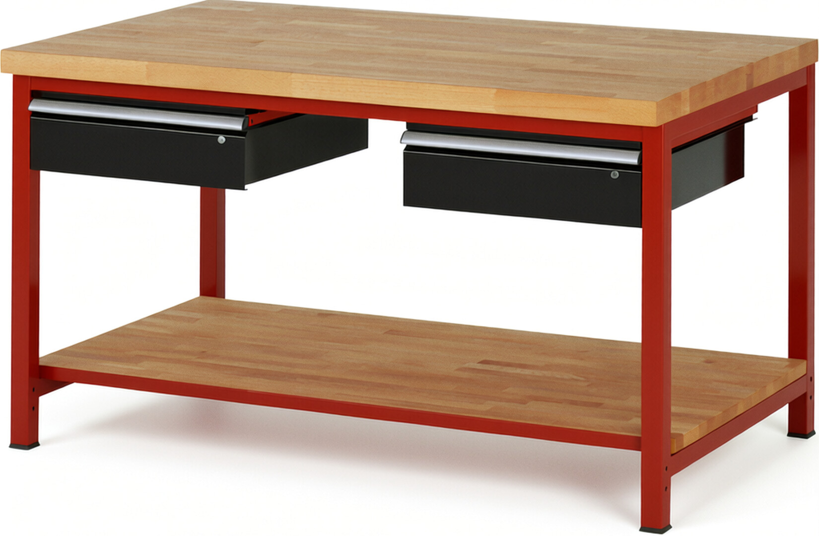 RAU Werkbank rot - schwarz - Breite 150 cm - Tiefe 90 cm - Höhe 104 cm - Buche-Massiv Arbeitsplatte 40 mm