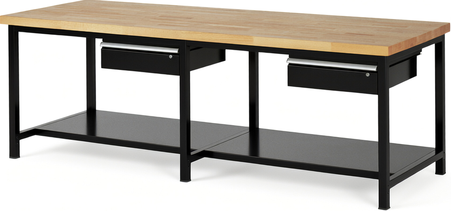 Werkbank Modell 8001 schwarz, BxTxH 2500x900x840 mm,  Buche-Massiv Arbeitsplatte 40 mm,  2 Schubladen mit  Auszug 90 %