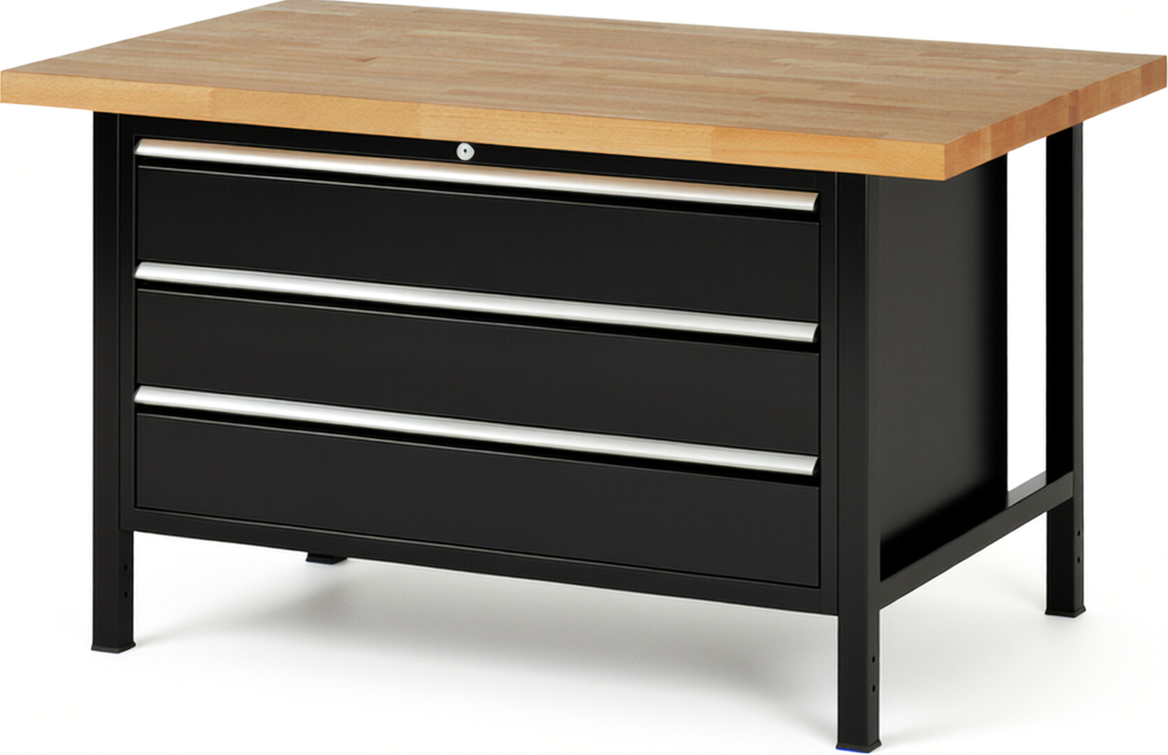 RAU Werkbank schwarz - Breite 150 cm - Tiefe 90 cm - Höhe 84 cm - Buche-Massiv Arbeitsplatte 40 mm