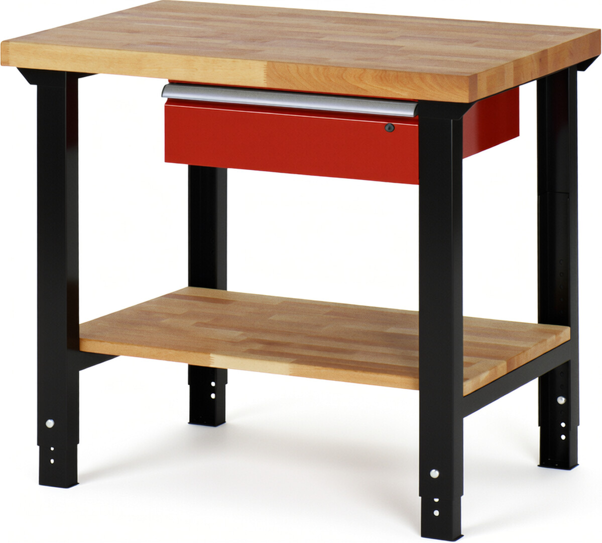 RAU Werkbank schwarz - rot - Breite 100 cm - Tiefe 70 cm - Höhe 114 cm - Buche-Massiv Arbeitsplatte 40 mm