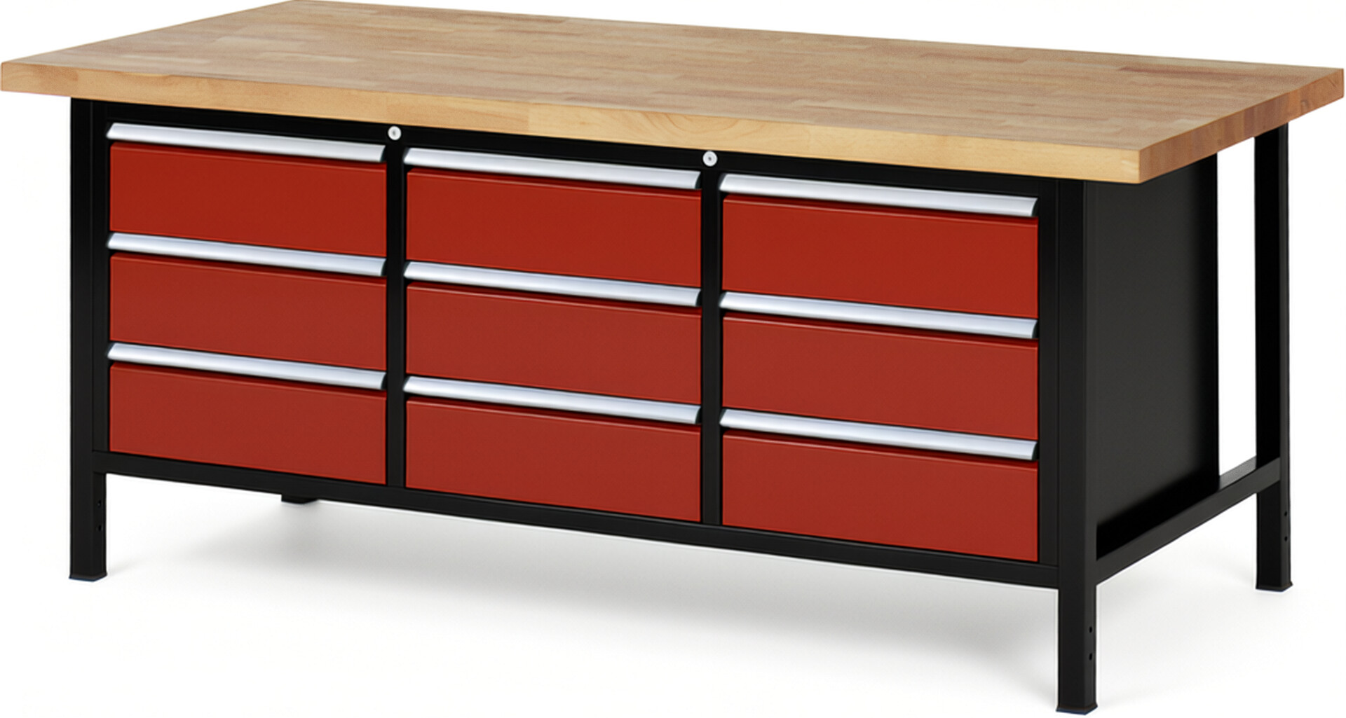 RAU Werkbank schwarz - rot - Breite 200 cm - Tiefe 90 cm - Höhe 104 cm - Buche-Massiv Arbeitsplatte 40 mm