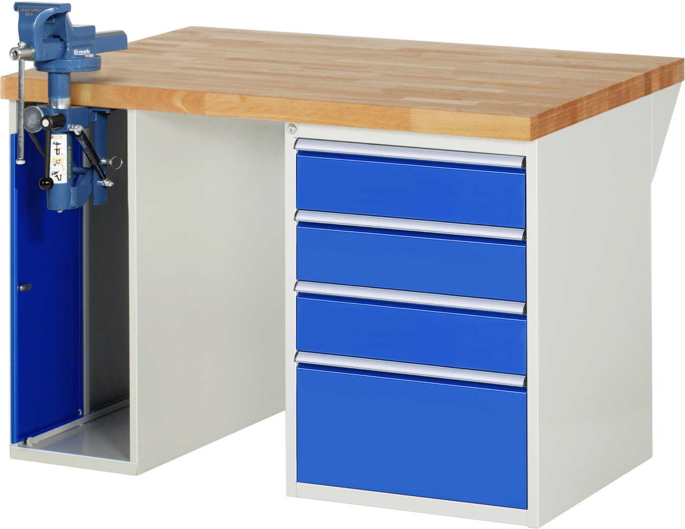 Werkbank Modell 7510 rot - schwarz, BxTxH 1250x900x890 mm,  Buche-Massiv Arbeitsplatte 40 mm,  4 Schubladen mit  Vollauszug 100 % und  SoftClosing