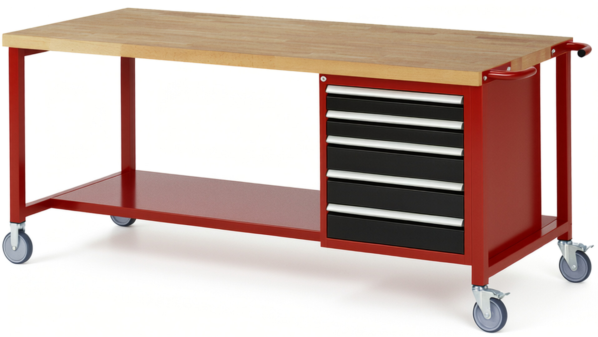 Fahrbare Werkbank Modell 8171 rot - schwarz, BxTxH 2000x900x880 mm,  Buche-Massiv Arbeitsplatte 40 mm,  5 Schubladen mit  Auszug 90 %