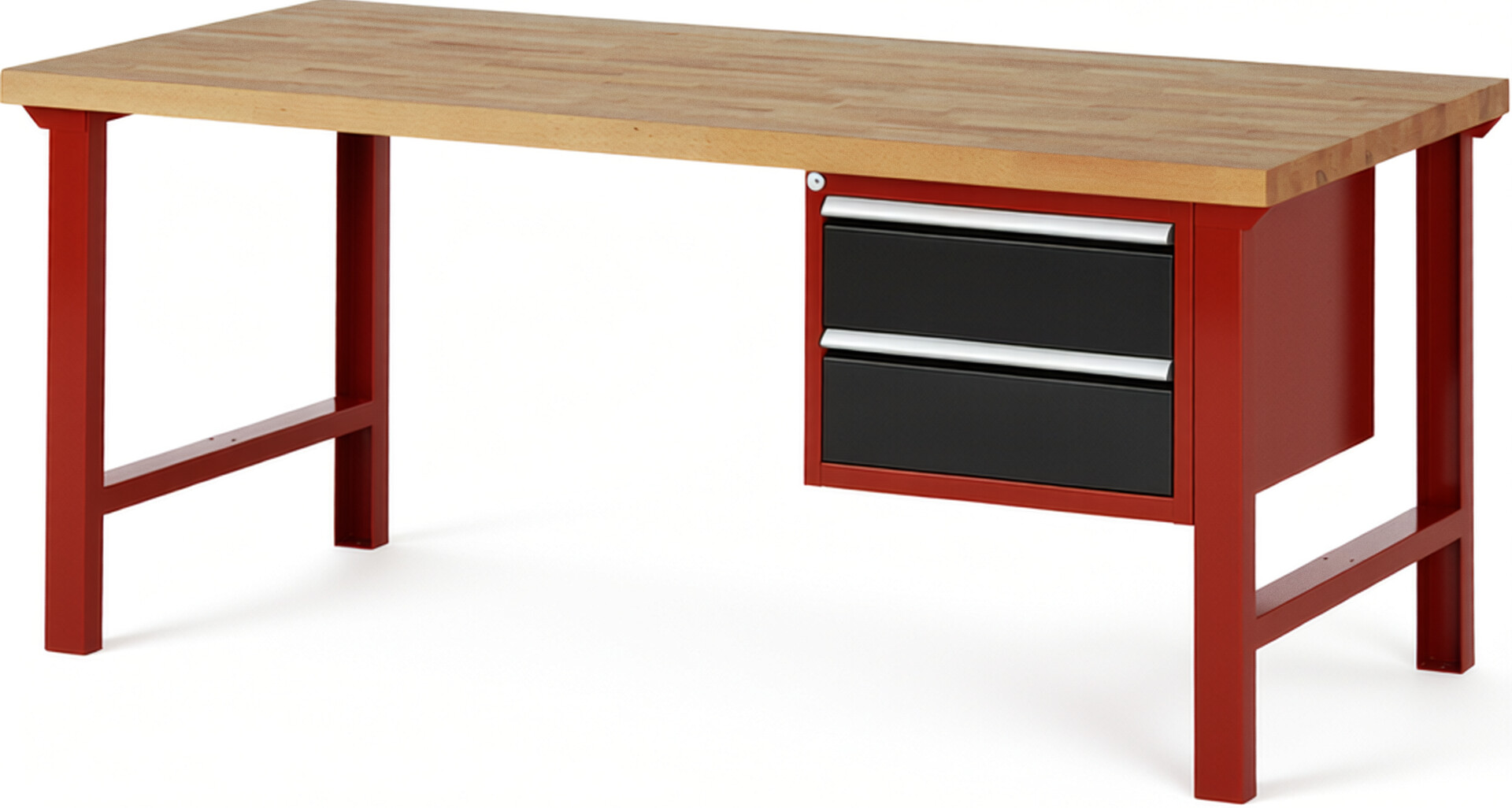 Werkbank Modell 7125 rot - schwarz, BxTxH 2000x900x840 mm,  Buche-Massiv Arbeitsplatte 40 mm,  2 Schubladen mit  Auszug 90 %