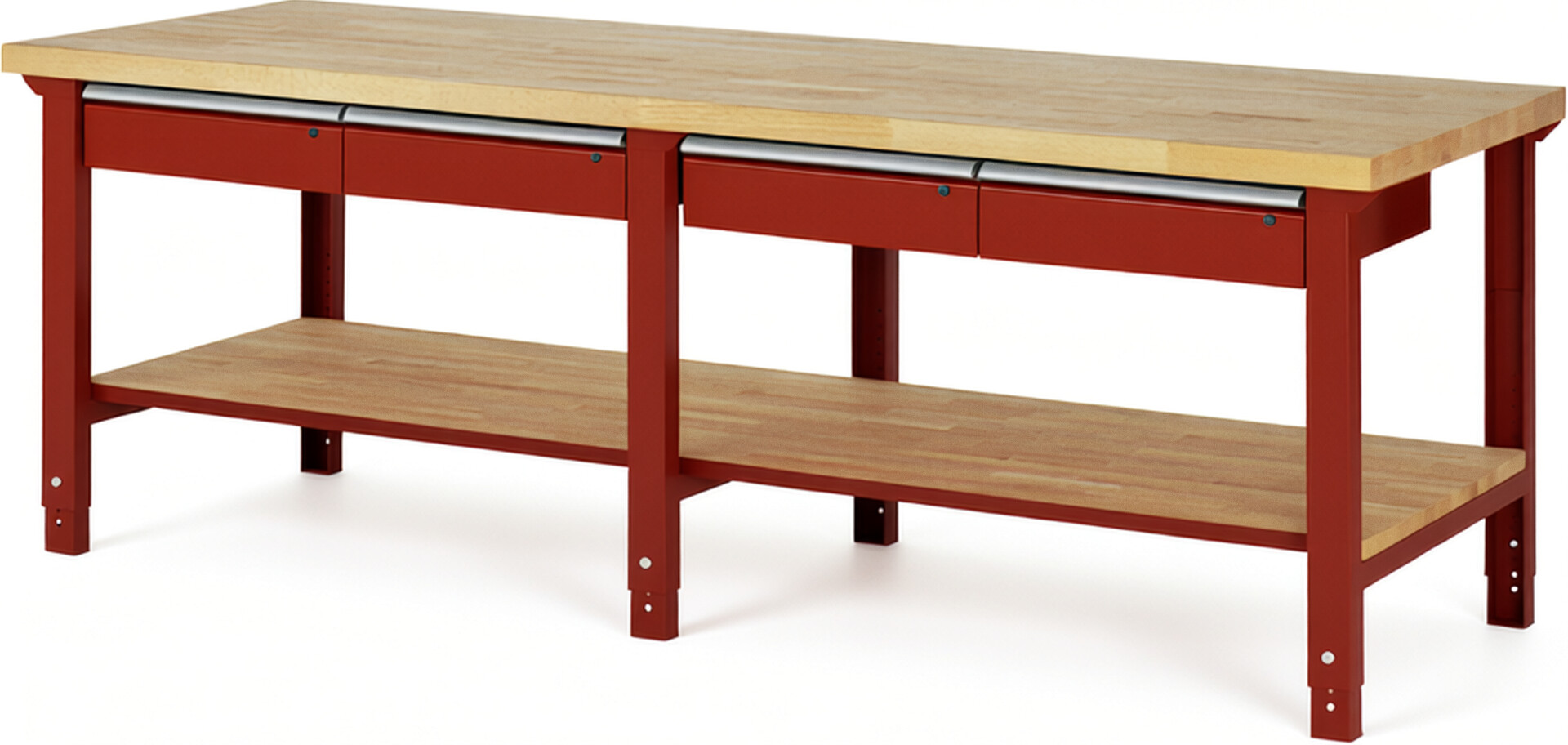 Werkbank Modell 7002 rot, BxTxH 2500x900x790-1140 mm,  Buche-Massiv Arbeitsplatte 40 mm,  4 Schubladen mit  Auszug 90 %