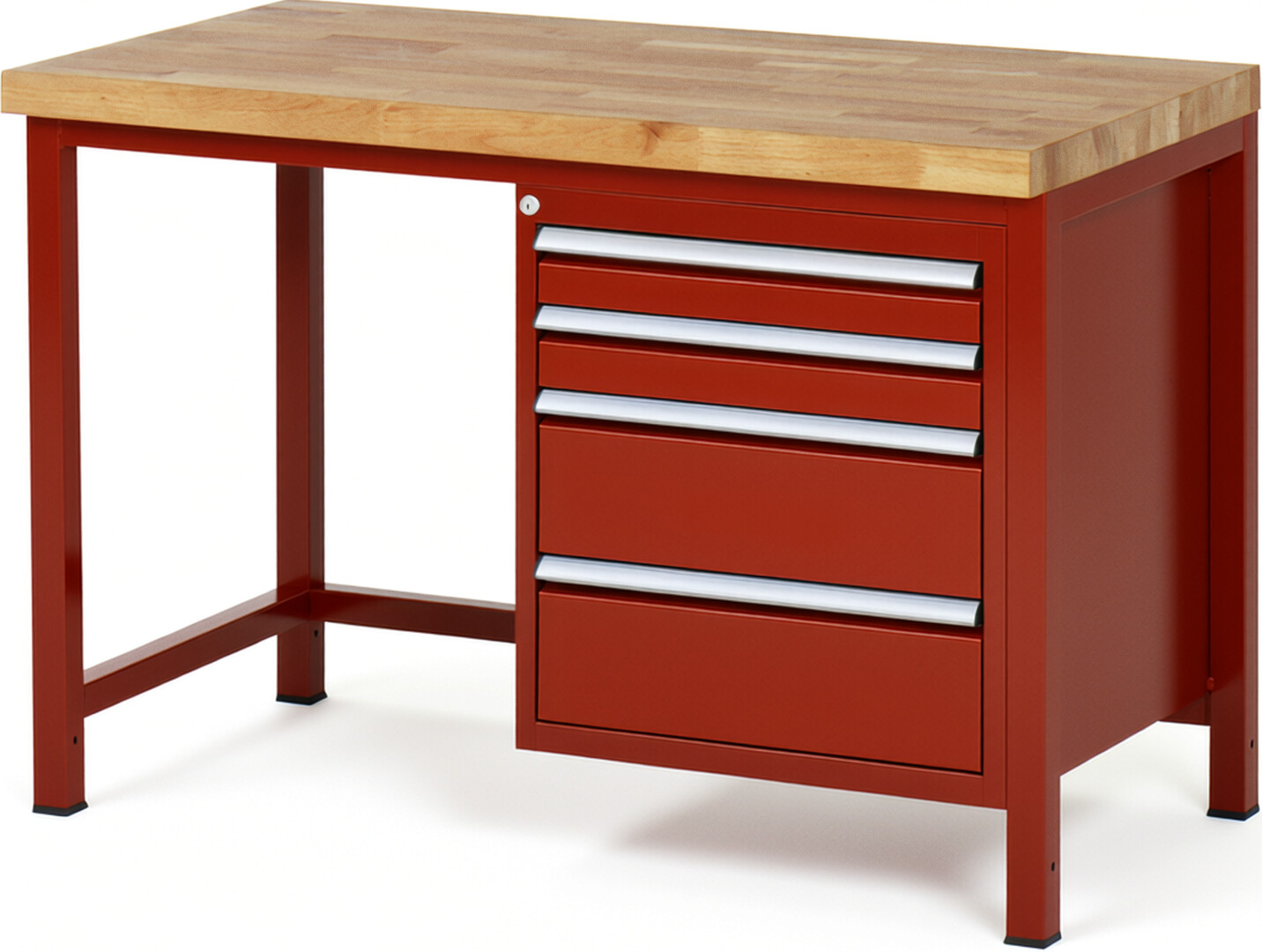 Werkbank Modell 8161 rot, BxTxH 1250x700x840 mm,  Buche-Massiv Arbeitsplatte 40 mm,  4 Schubladen mit  Vollauszug 100 % und  SoftClosing
