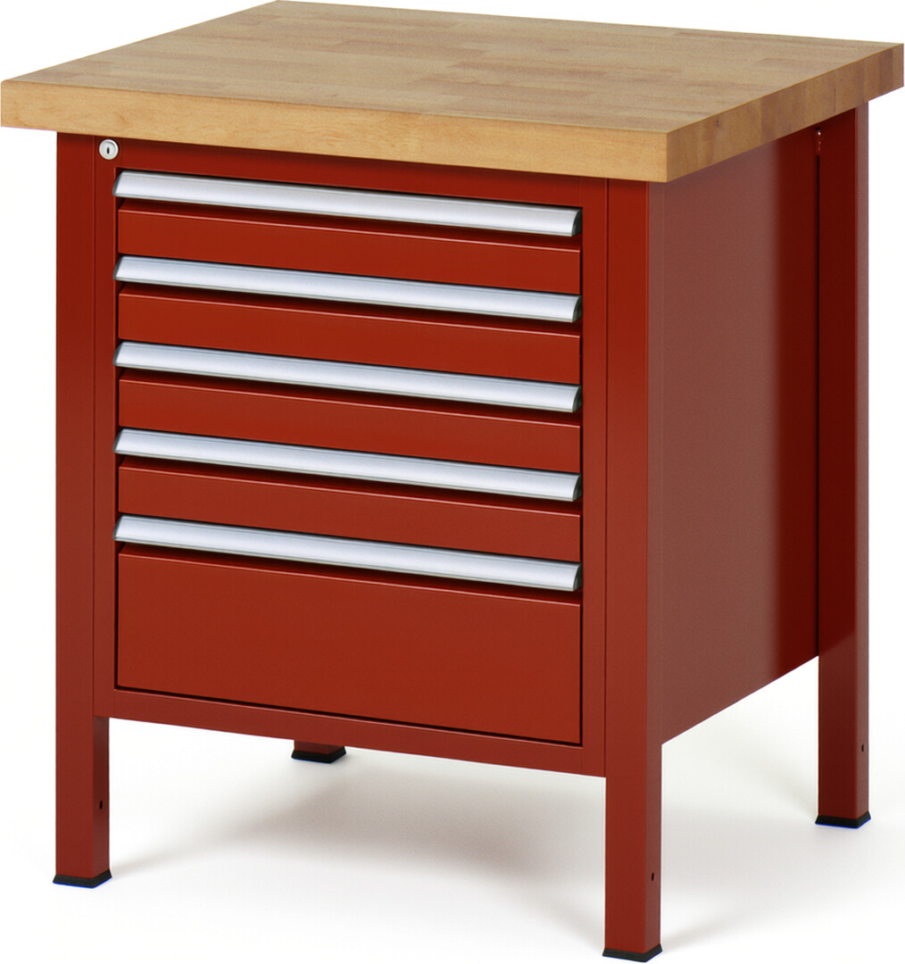 Werkbank Modell 8168 rot, BxTxH 750x700x840-1040 mm,  Buche-Massiv Arbeitsplatte 40 mm,  5 Schubladen mit  Vollauszug 100 % und  SoftClosing