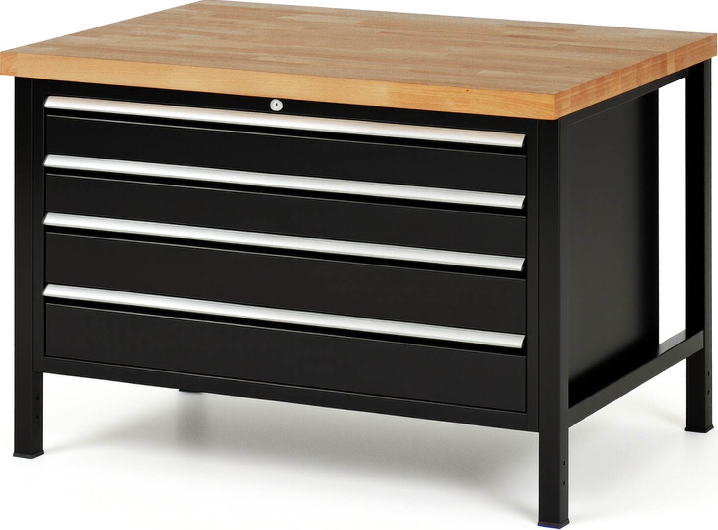 Werkbank Modell 8362 schwarz, BxTxH 1250x900x840 mm,  Buche-Massiv Arbeitsplatte 40 mm,  4 Schubladen mit  Vollauszug 100 % und  SoftClosing