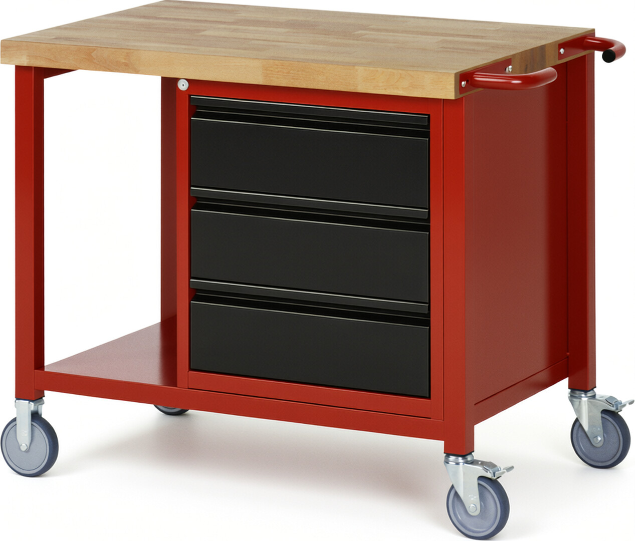 Fahrbare Werkbank - Modell 8157 BASIC rot - schwarz, BxTxH 1000x700x880 mm,  Buche-Massiv Arbeitsplatte 40 mm,  3 Schubladen mit  Auszug 90 %