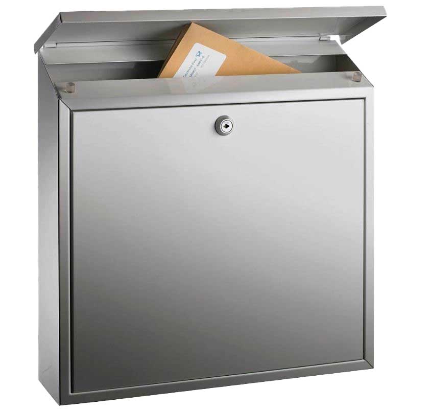 Briefkasten, Edelstahl rostfrei, BxTxH 360x100x360 mm, Einwurf von oben mit Abdeckung