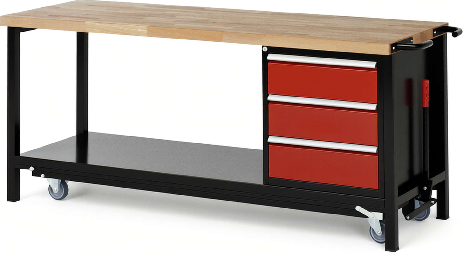 RAU Werkbank schwarz - rot - Breite 200 cm - Tiefe 70 cm - Höhe 88 cm - Buche-Massiv Arbeitsplatte 40 mm