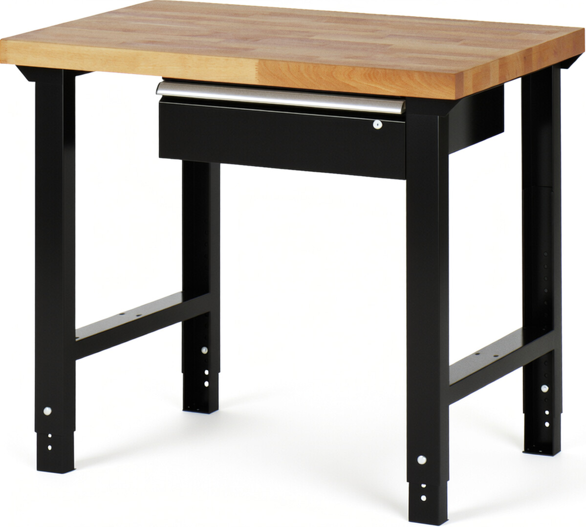 Werkbank Modell 7001 schwarz, BxTxH 1000x700x790-1140 mm,  Buche-Massiv Arbeitsplatte 40 mm,  1 Schublade mit  Auszug 90 %
