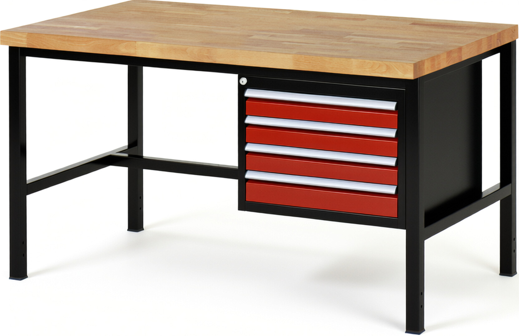 RAU Werkbank schwarz - rot - Breite 150 cm - Tiefe 90 cm - Höhe 84 cm - Buche-Massiv Arbeitsplatte 40 mm