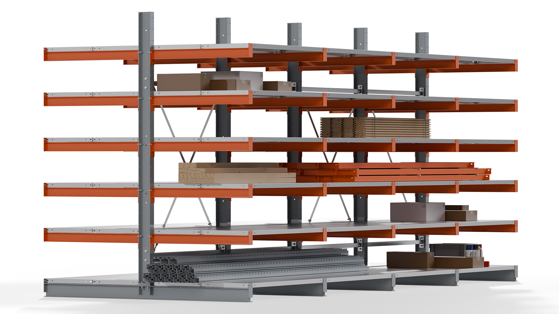 Kragarmregal KARL basic - lackiert - Breite: 512 cm - Höhe: 250 cm - Tiefe: 100 cm - Traglast je Kragarm: 450 kg - beidseitig