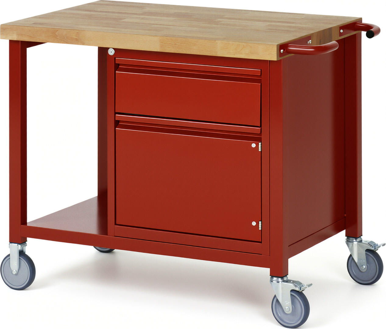 Fahrbare Werkbank - Modell 8152 BASIC rot, BxTxH 1000x700x880 mm,  Buche-Massiv Arbeitsplatte 40 mm,  1 Schublade mit  Auszug 90 %