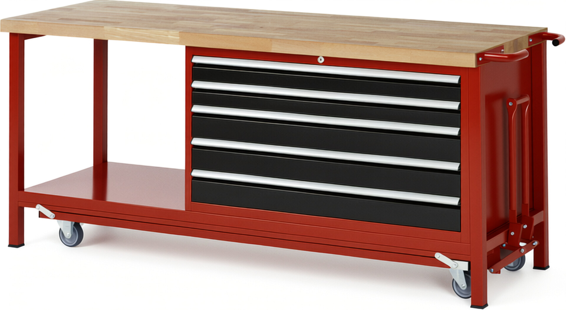 Absenkbare Werkbank Modell 8371 rot - schwarz, BxTxH 2000x700x880 mm,  Buche-Massiv Arbeitsplatte 40 mm,  5 Schubladen mit  Vollauszug 100 % und  SoftClosing