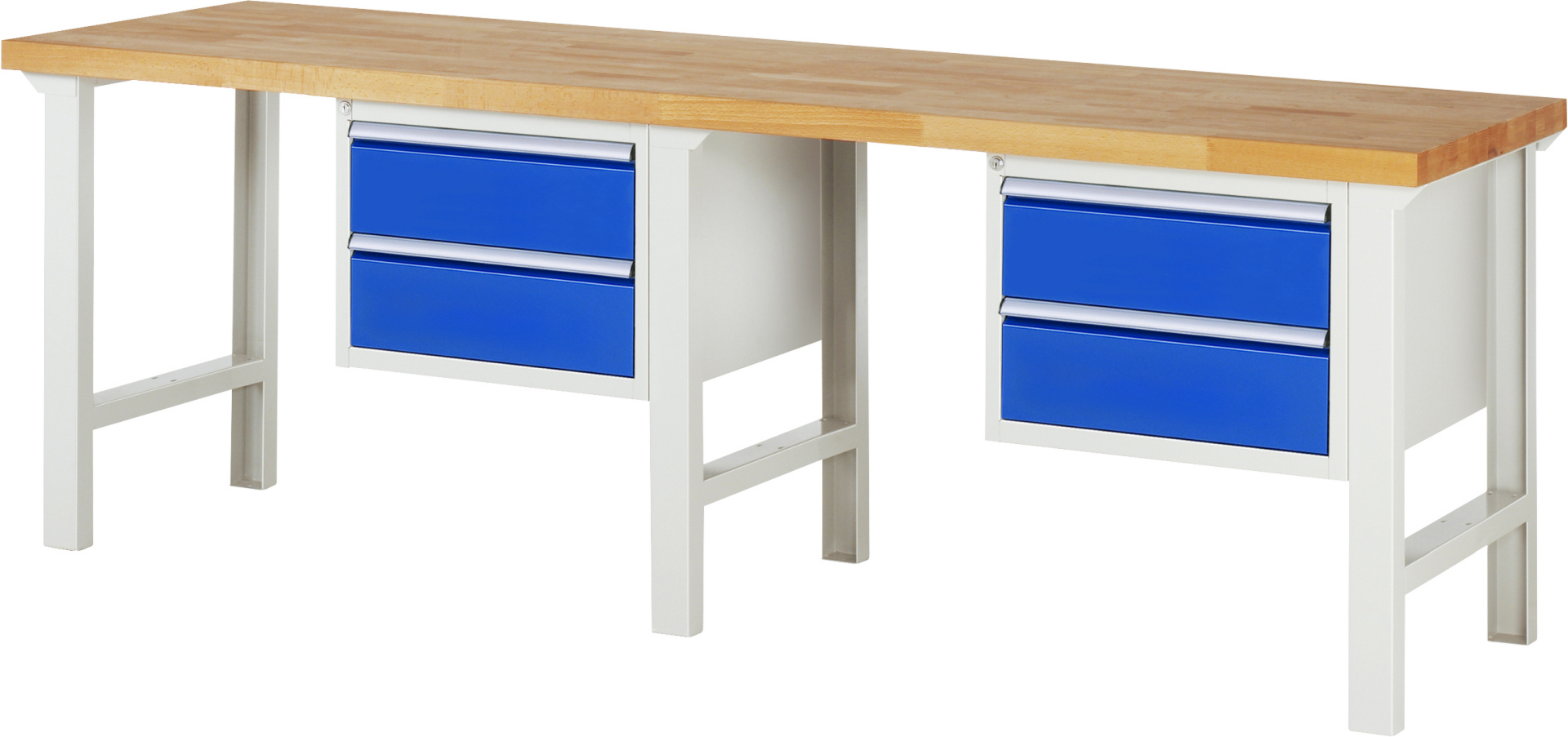 Werkbank Modell 7125 schwarz, BxTxH 2500x700x840 mm,  Buche-Massiv Arbeitsplatte 40 mm,  4 Schubladen mit  Auszug 90 %