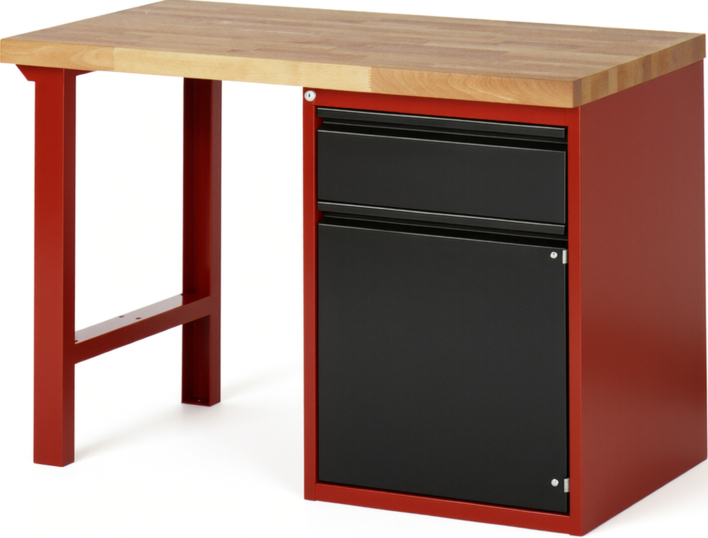 Werkbank rot - schwarz, BxTxH1250xT700xH890 mm, Platte Buche 40 mm 40 mm, 1 Schublade 180 mm, 1 Tür 540 mm, 1 Fachboden, RAL 3000/9011