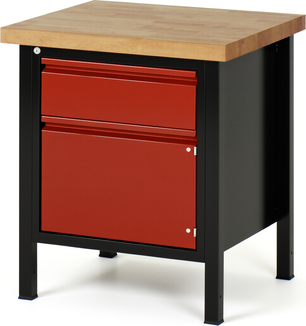 Werkbank schwarz - rot, Breite 75 cm, Tiefe 70 cm, Höhe 104 cm, 1 Schublade(n), Platte: Buche-Massiv-Arbeitsplatte