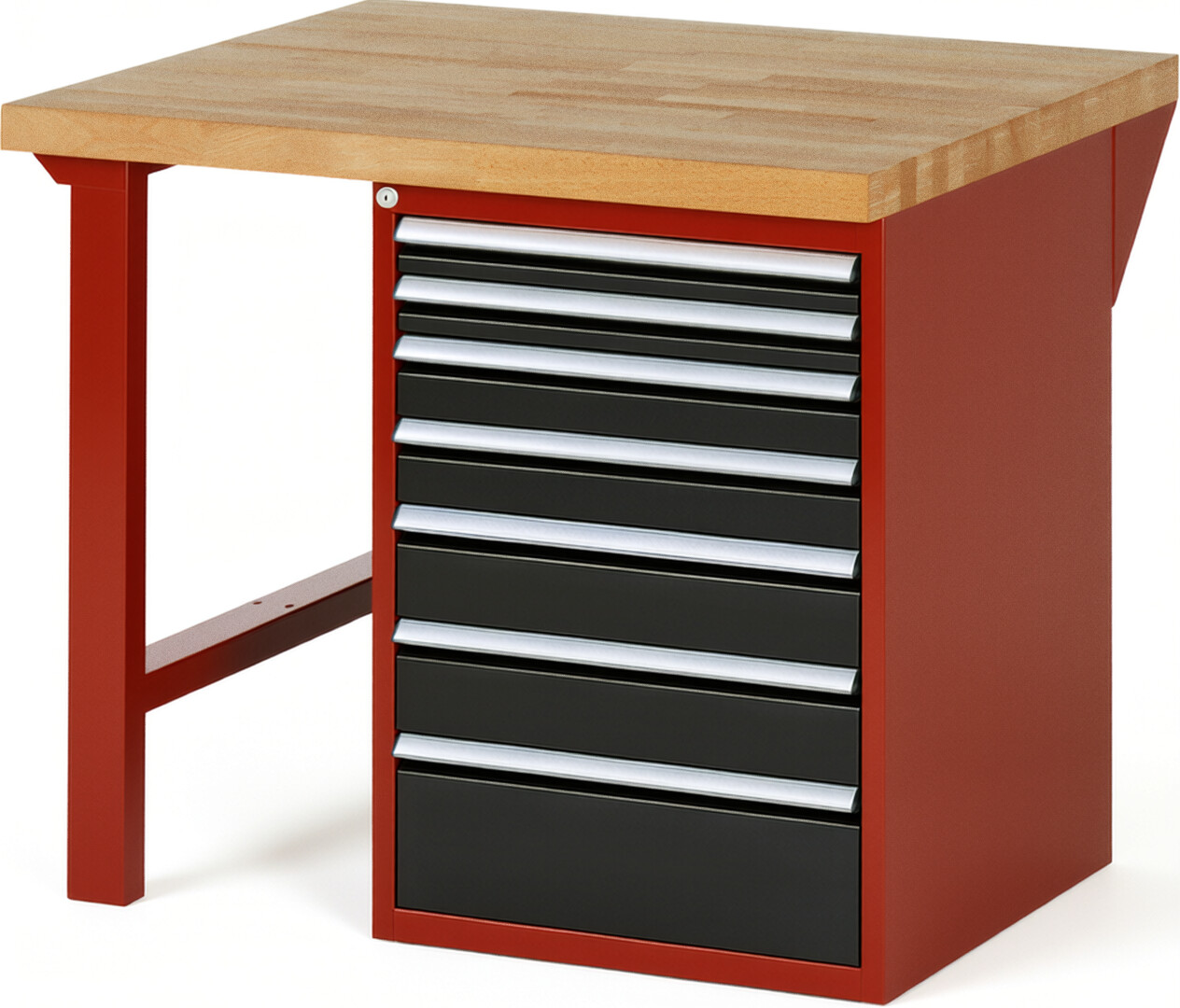 Werkbank Modell 7517 rot - schwarz, BxTxH 1000x900x890 mm,  Buche-Massiv Arbeitsplatte 40 mm,  7 Schubladen mit  Vollauszug 100 % und  SoftClosing