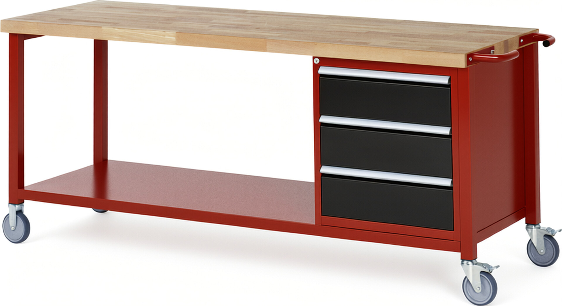 Fahrbare Werkbank Modell 8157 rot - schwarz, BxTxH 2000x700x880 mm,  Buche-Massiv Arbeitsplatte 40 mm,  3 Schubladen mit  Vollauszug 100 % und  SoftClosing