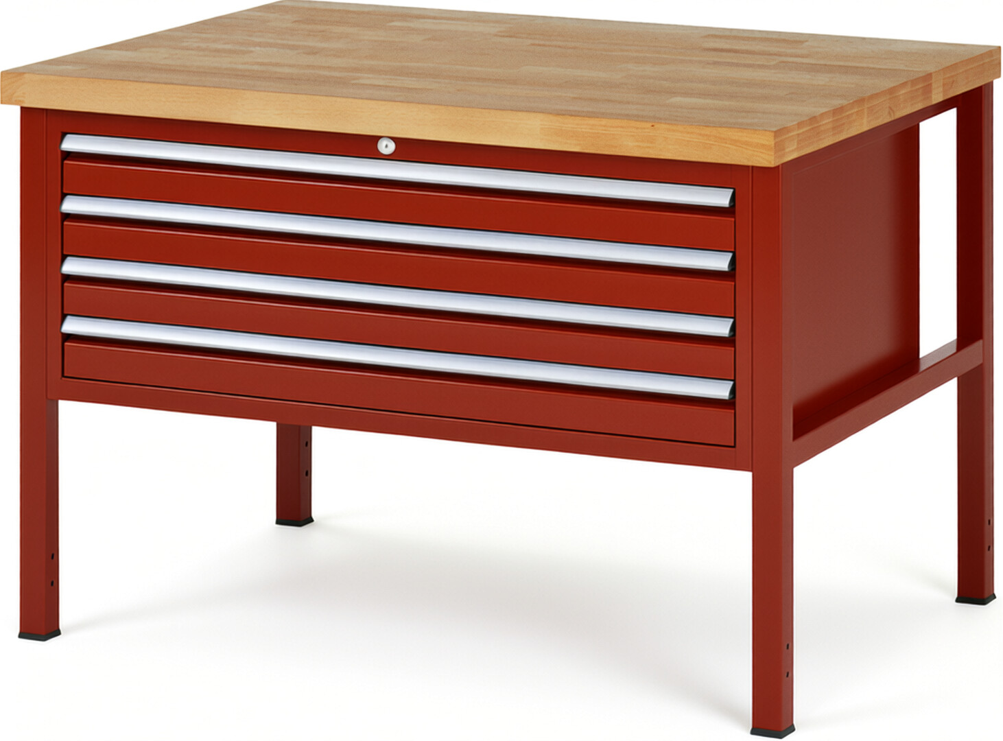Werkbank Modell 8333 rot, BxTxH 1250x900x840 mm,  Buche-Massiv Arbeitsplatte 40 mm,  4 Schubladen mit  Auszug 90 %