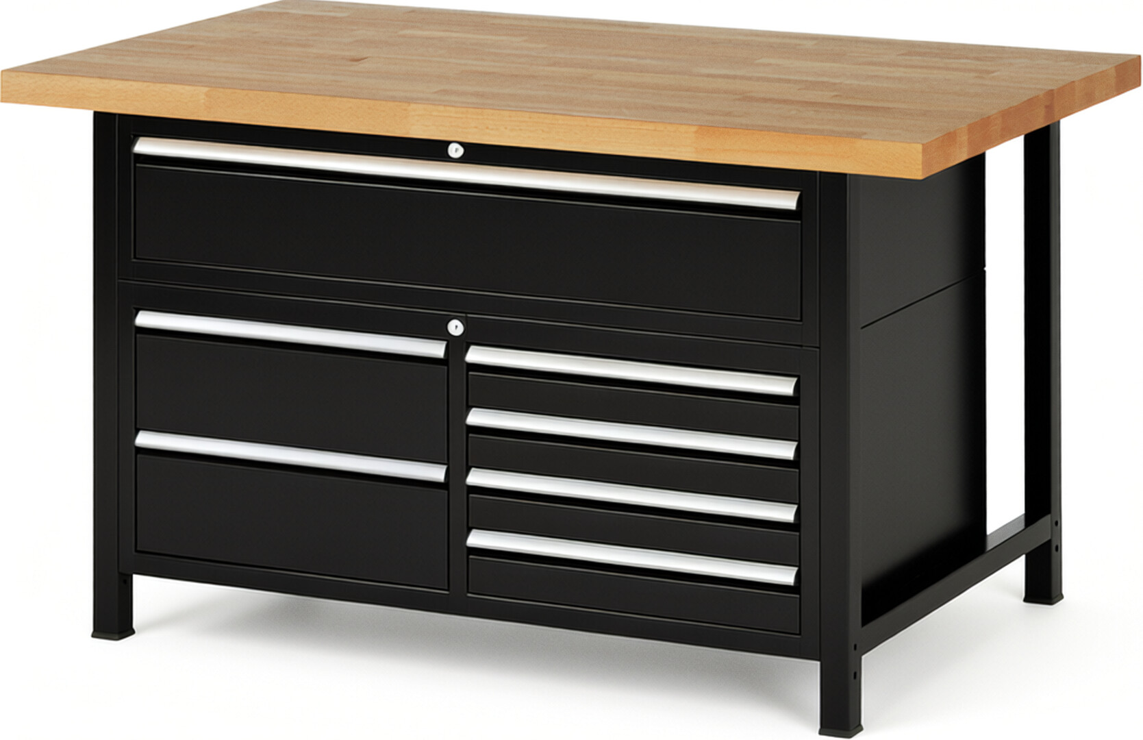 RAU Werkbank schwarz - Breite 150 cm - Tiefe 90 cm - Höhe 104 cm - Buche-Massiv Arbeitsplatte 40 mm