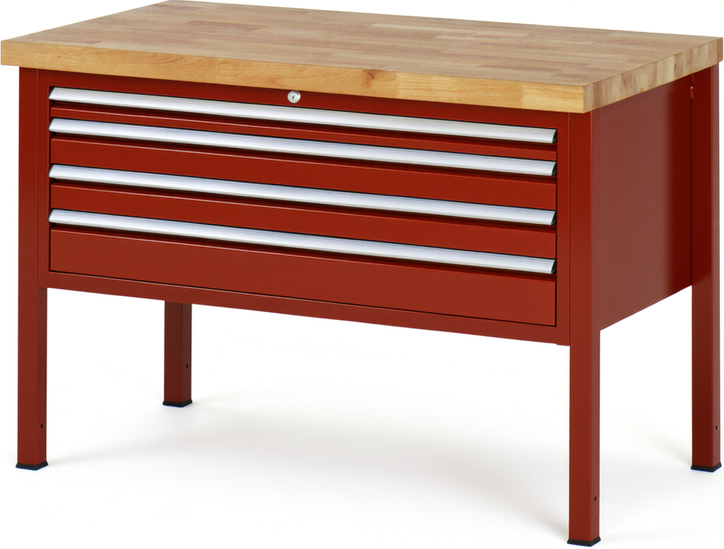 Werkbank Modell 8332 rot, BxTxH 1250x700x840 mm,  Buche-Massiv Arbeitsplatte 40 mm,  4 Schubladen mit  Vollauszug 100 % und  SoftClosing