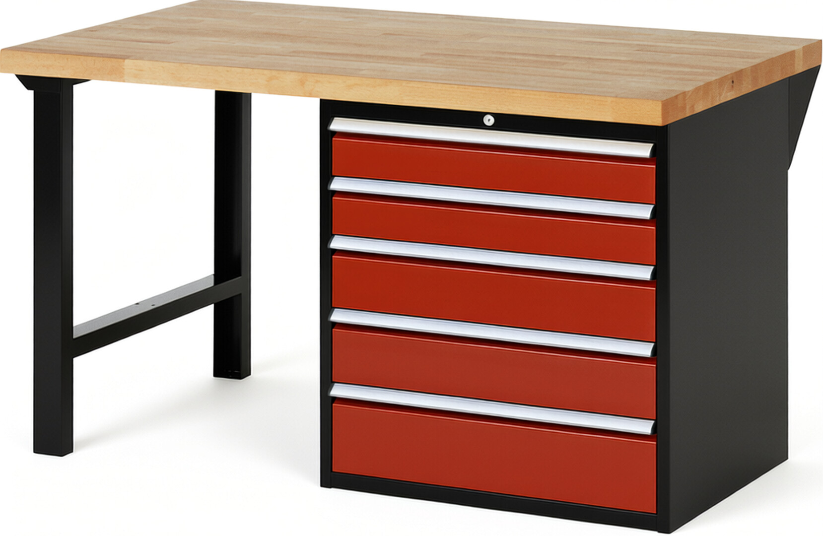 RAU Werkbank schwarz - rot - Breite 150 cm - Tiefe 90 cm - Höhe 84 cm - Buche-Massiv Arbeitsplatte 40 mm