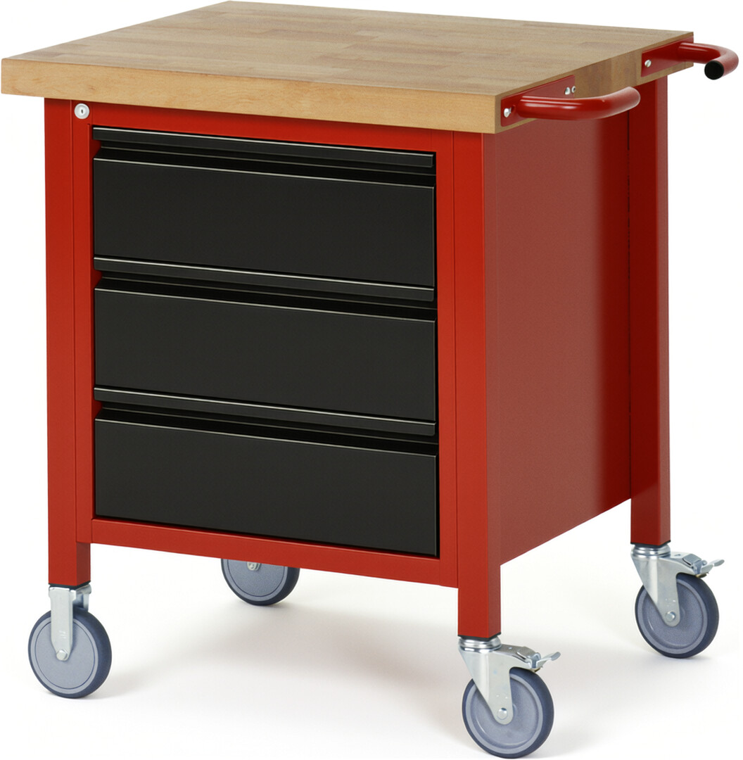 Fahrbare Werkbank - Modell 8157 BASIC rot - schwarz, BxTxH 750x700x880 mm,  Buche-Massiv Arbeitsplatte 40 mm,  3 Schubladen mit  Auszug 90 %