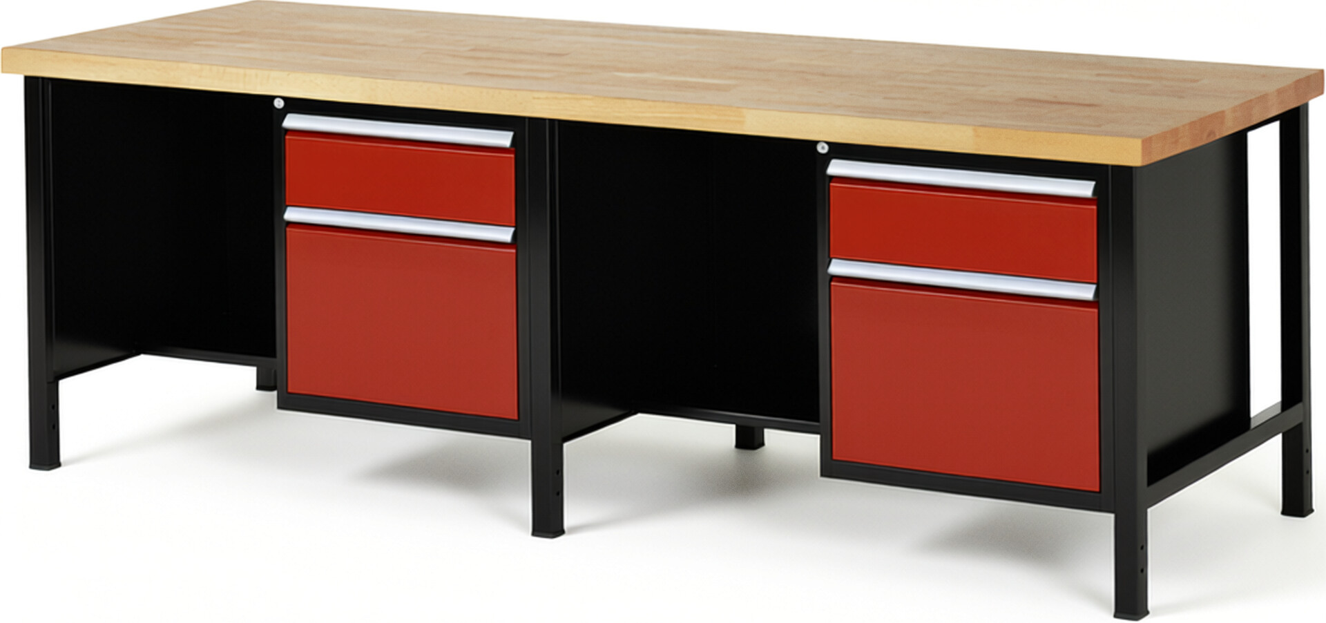 RAU Werkbank schwarz - rot - Breite 250 cm - Tiefe 90 cm - Höhe 104 cm - Buche-Massiv Arbeitsplatte 40 mm