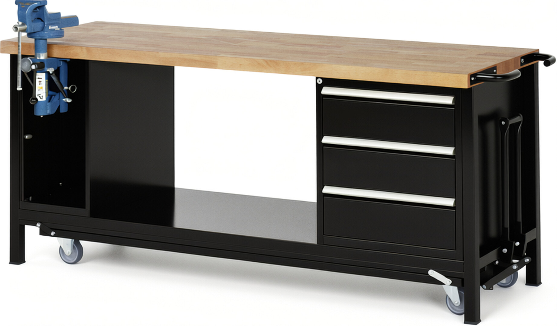 Absenkbare Werkbank Modell 8183 schwarz, BxTxH 2000x700x880 mm,  Buche-Massiv Arbeitsplatte 40 mm,  3 Schubladen mit  Auszug 90 %
