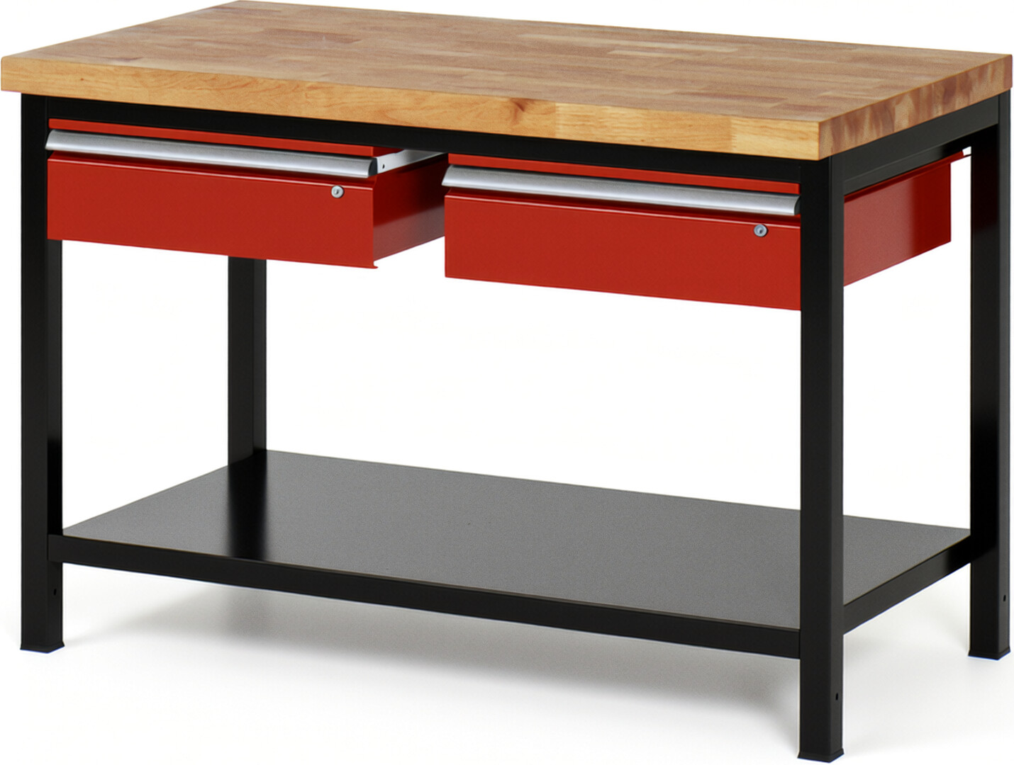 Werkbank Modell 8002 schwarz-rot, BxTxH 1250x700x840-1040 mm,  Buche-Massiv Arbeitsplatte 40 mm,  2 Schubladen mit  Auszug 90 %