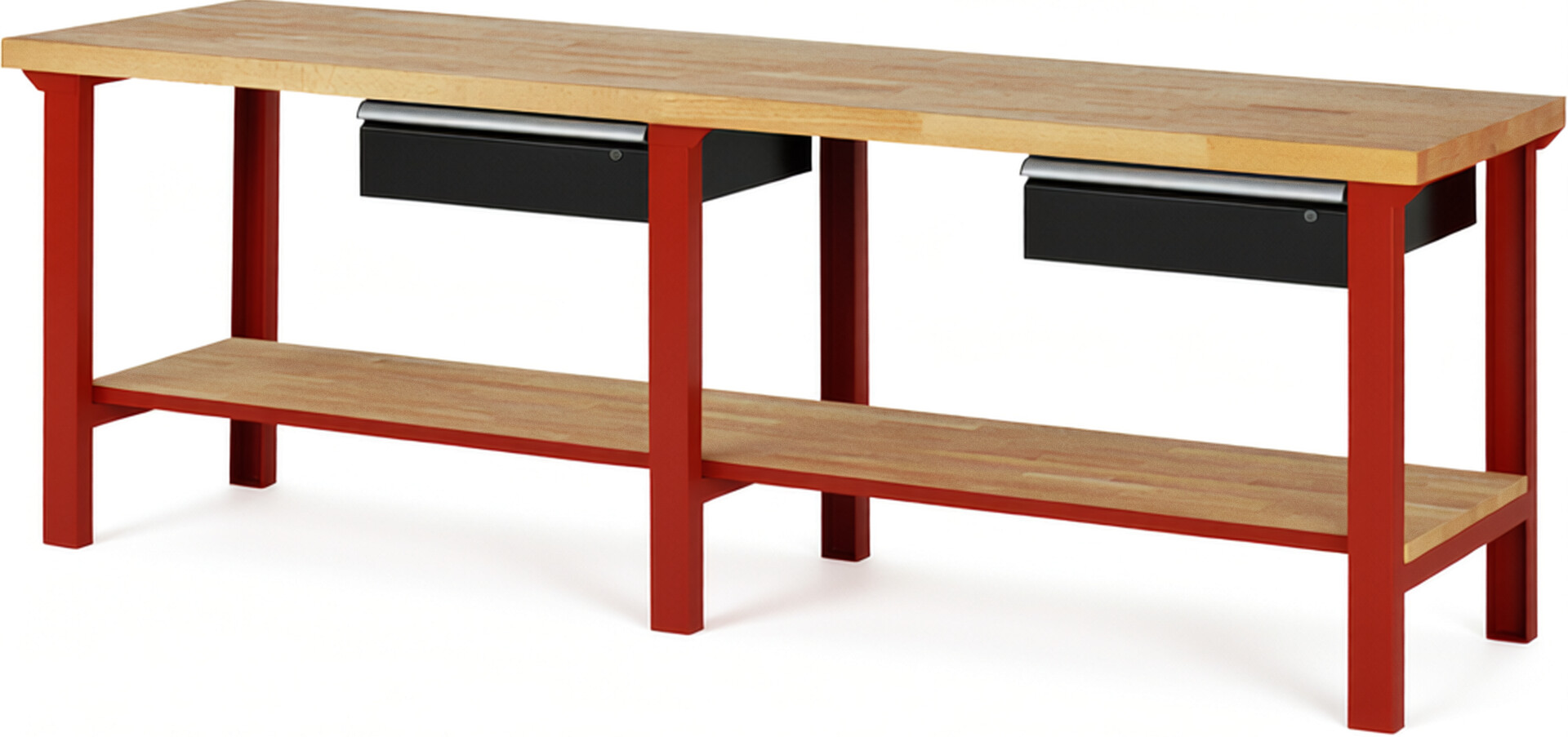 Werkbank Modell 7001 rot - schwarz, BxTxH 2500x700x840 mm,  Buche-Massiv Arbeitsplatte 40 mm,  2 Schubladen mit  Auszug 90 %