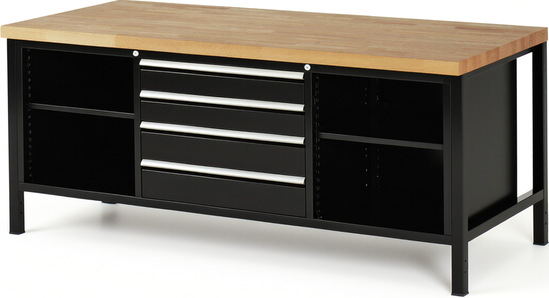 Werkbank Modell 8751 schwarz, BxTxH 2000x900x840 mm,  Buche-Massiv Arbeitsplatte 40 mm,  4 Schubladen mit  Auszug 90 %