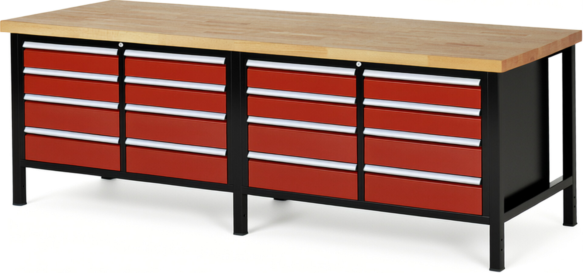 RAU Werkbank schwarz - rot - Breite 250 cm - Tiefe 90 cm - Höhe 104 cm - Buche-Massiv Arbeitsplatte 40 mm